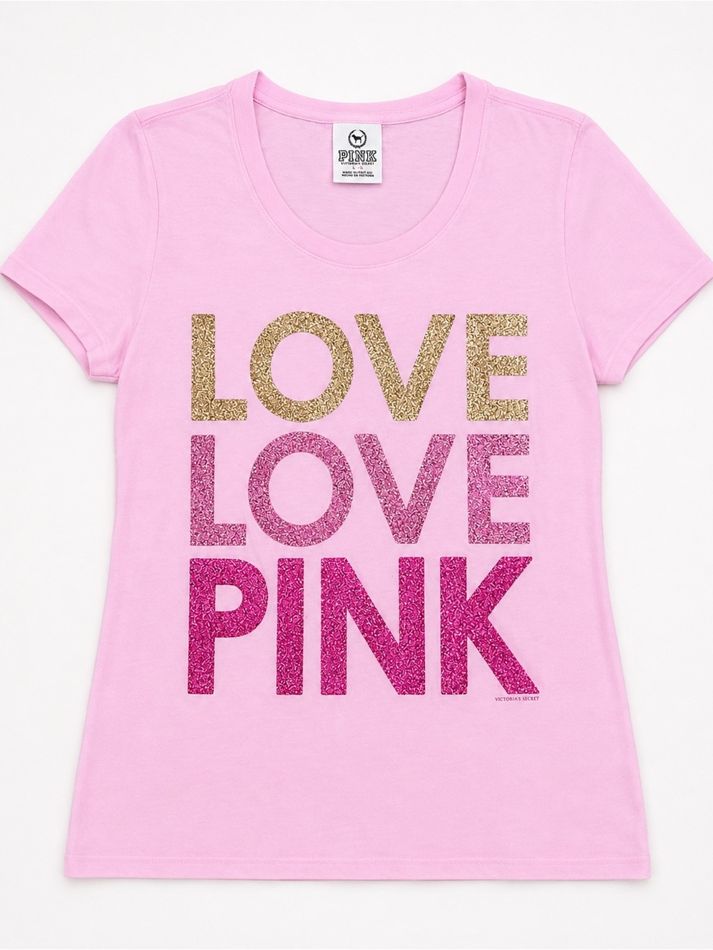 PINK Victoria's Secret Light Pink Short Sleeve Tee with Glitter "LOVE LOVE PINK"